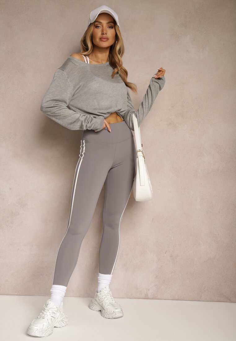 Szare Legginsy High Waist z Push-Upem z Elastycznego Materiału z Lampasami Ateria