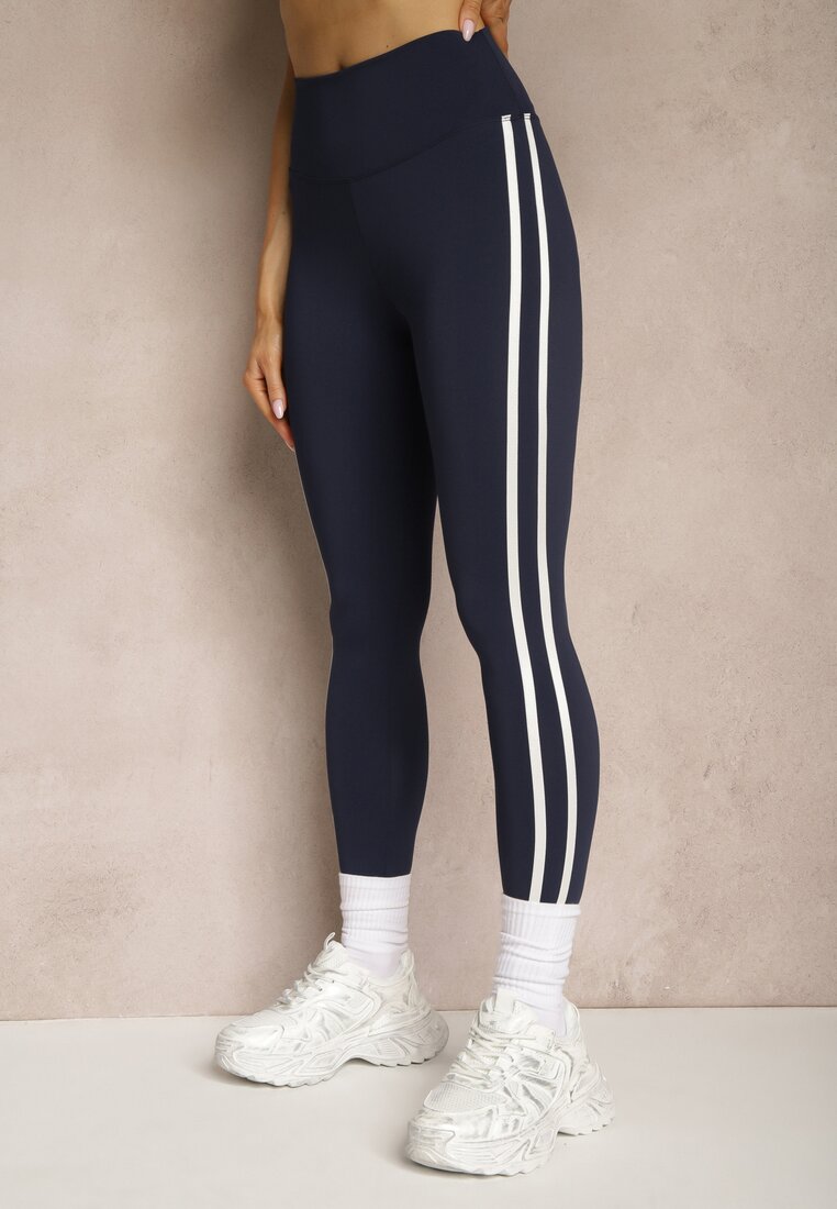Granatowe Legginsy High Waist z Push-Upem z Elastycznego Materiału z Lampasami Ateria