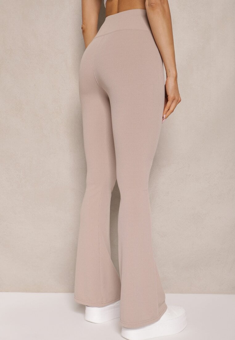 Beżowe Prążkowane Spodnie Typu Dzwony High Waist Farinia