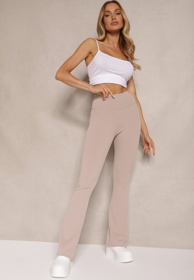 Beżowe Prążkowane Spodnie Typu Dzwony High Waist Farinia