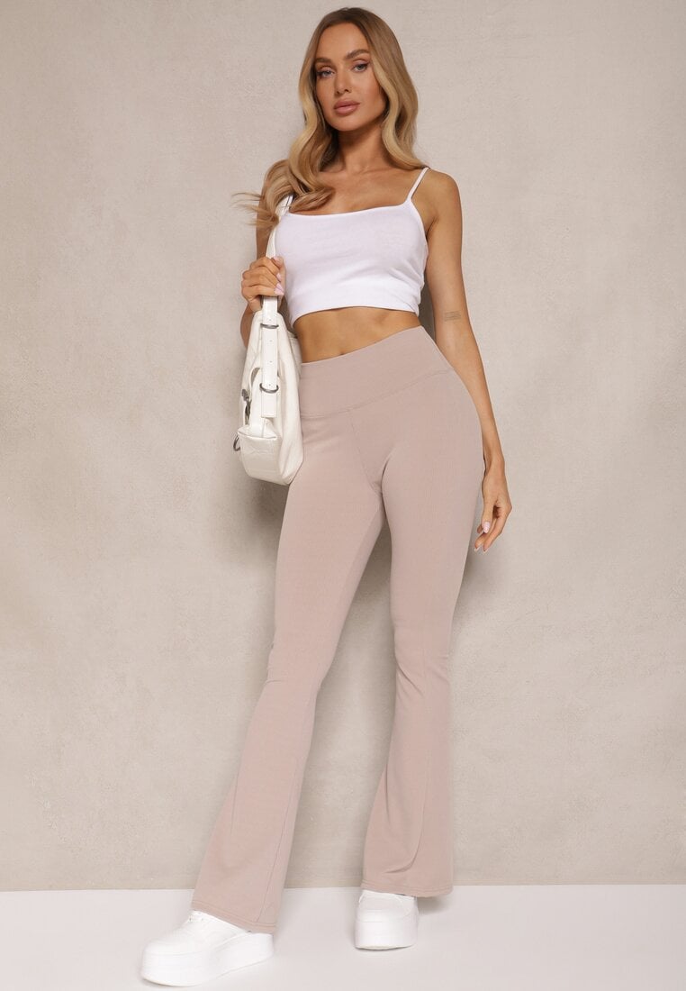 Beżowe Prążkowane Spodnie Typu Dzwony High Waist Farinia