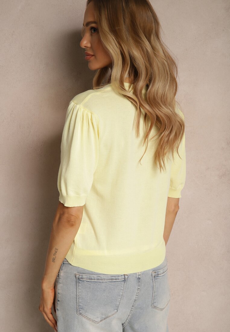 Żółta Dzianinowa Bluzka z Wiskozą z Lekkimi Bufkami w Ramionach Afevia
