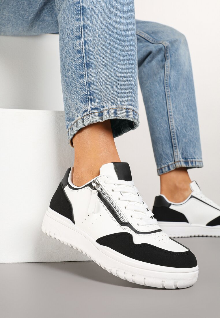 Biało-Czarne Sneakersy przed Kostkę z Perforacją i Suwakiem na Cholewce Valinorti