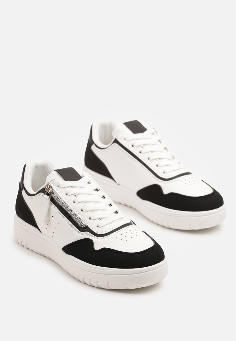 Biało-Czarne Sneakersy przed Kostkę z Perforacją i Suwakiem na Cholewce Valinorti