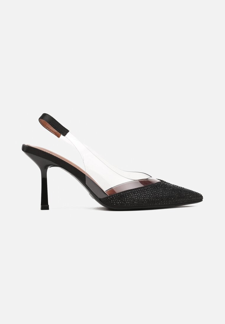 Czarne Sandały Slingback na Obcasie z Przezroczystą Wstawką i Cyrkoniami Senoreth