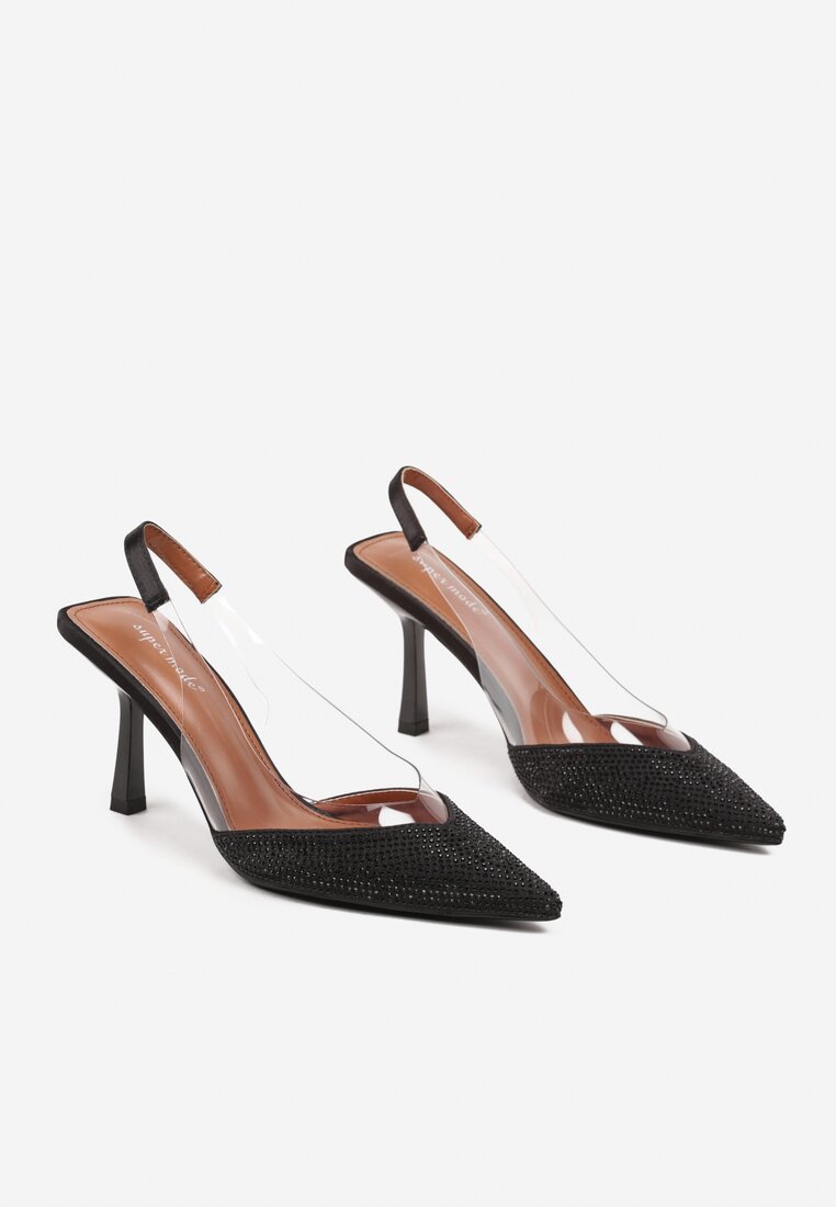 Czarne Sandały Slingback na Obcasie z Przezroczystą Wstawką i Cyrkoniami Senoreth