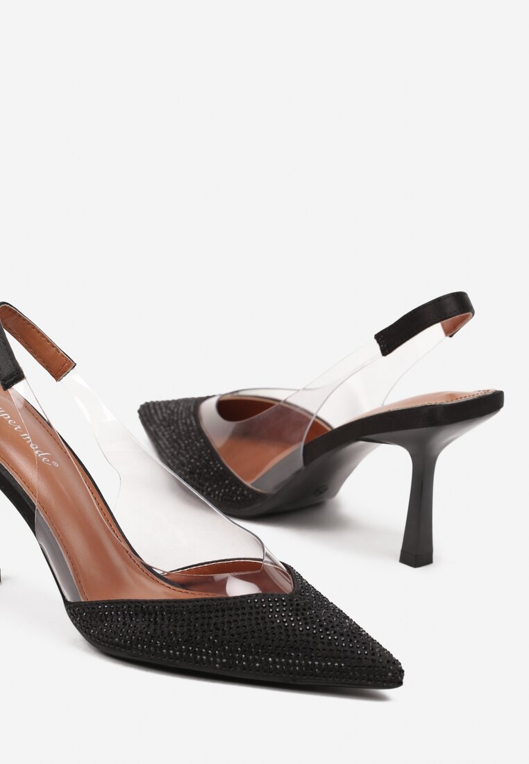 Czarne Sandały Slingback na Obcasie z Przezroczystą Wstawką i Cyrkoniami Senoreth