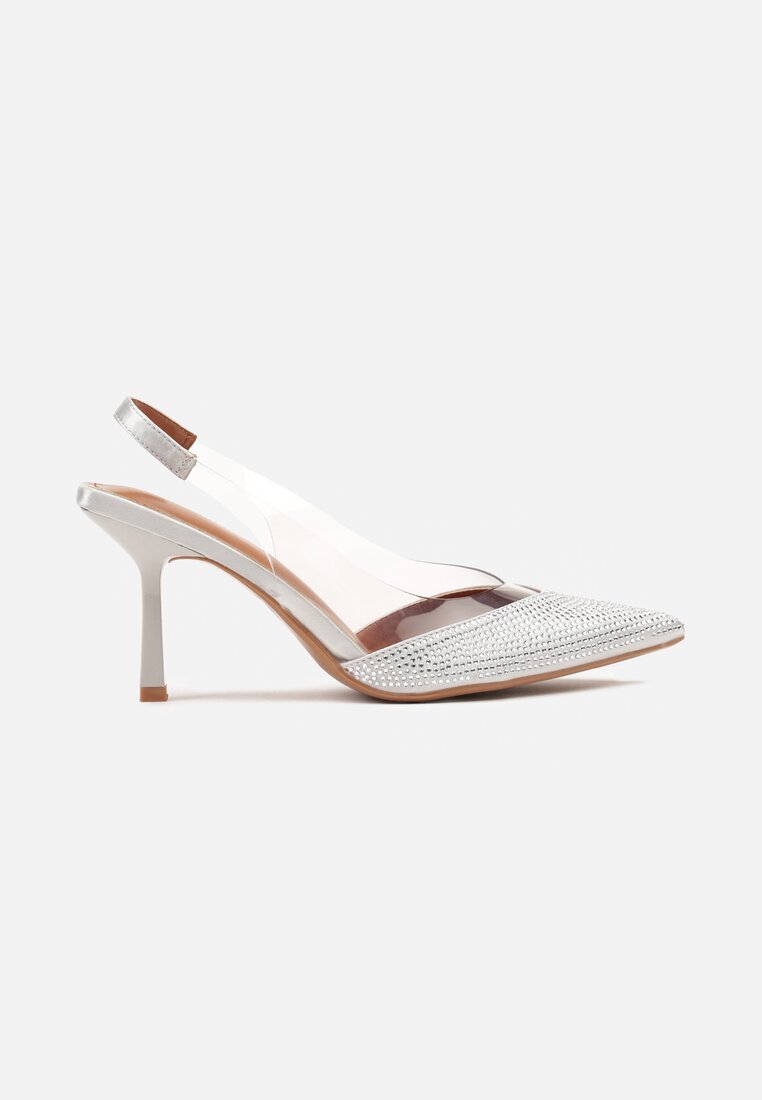 Srebrne Sandały Slingback na Obcasie z Przezroczystą Wstawką i Cyrkoniami Senoreth