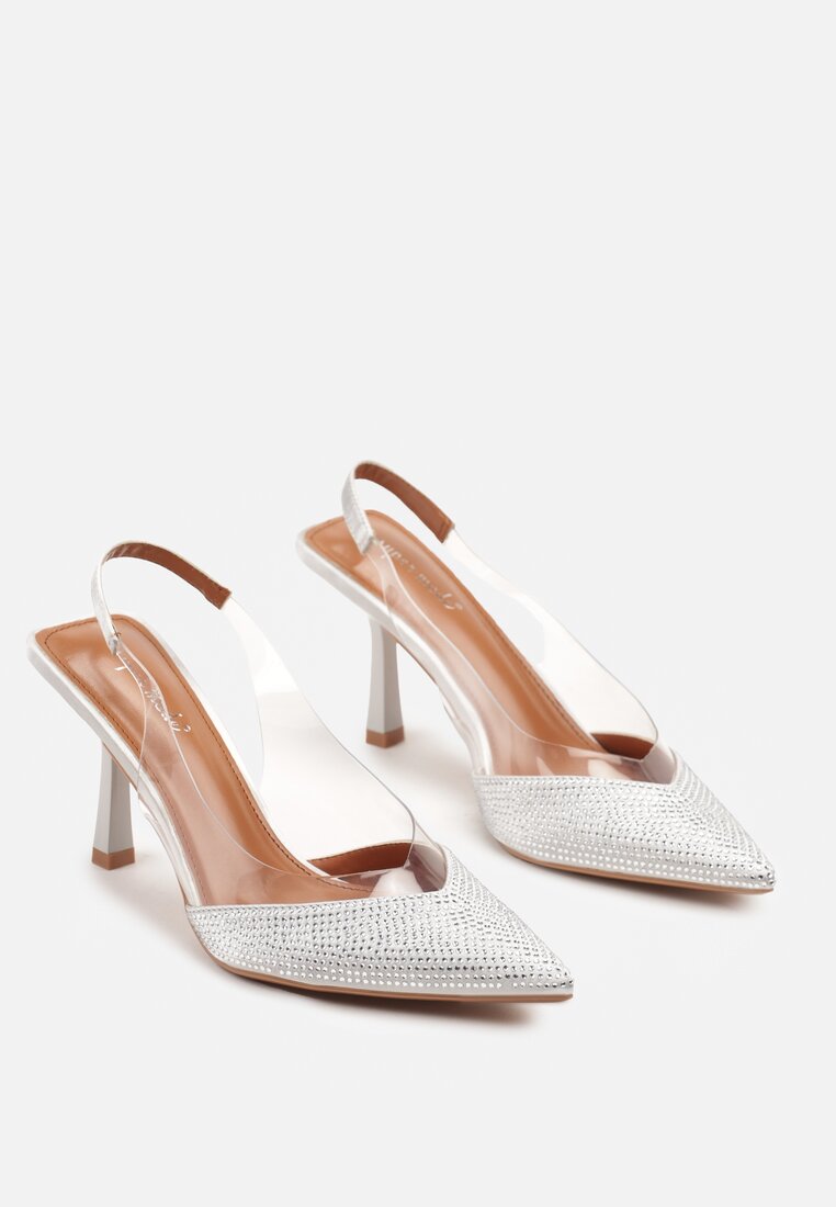 Srebrne Sandały Slingback na Obcasie z Przezroczystą Wstawką i Cyrkoniami Senoreth