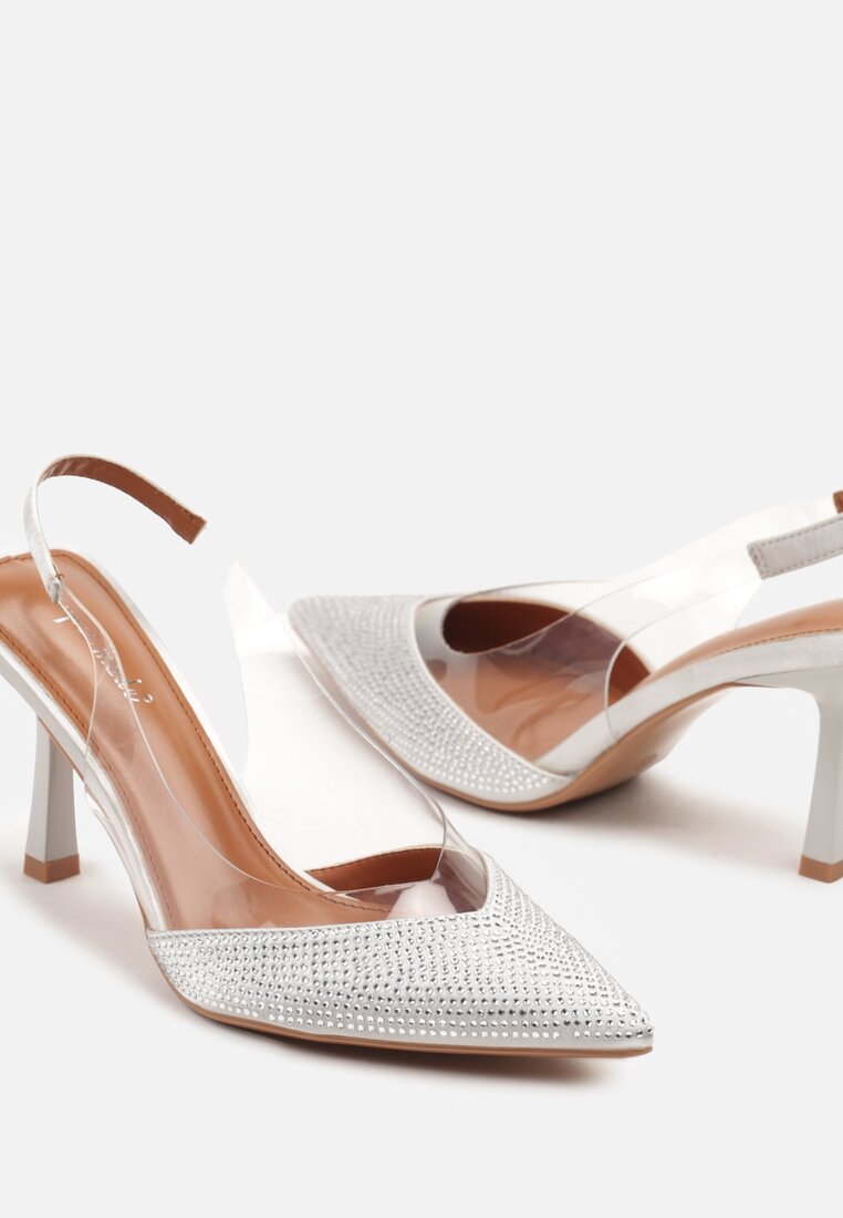 Srebrne Sandały Slingback na Obcasie z Przezroczystą Wstawką i Cyrkoniami Senoreth
