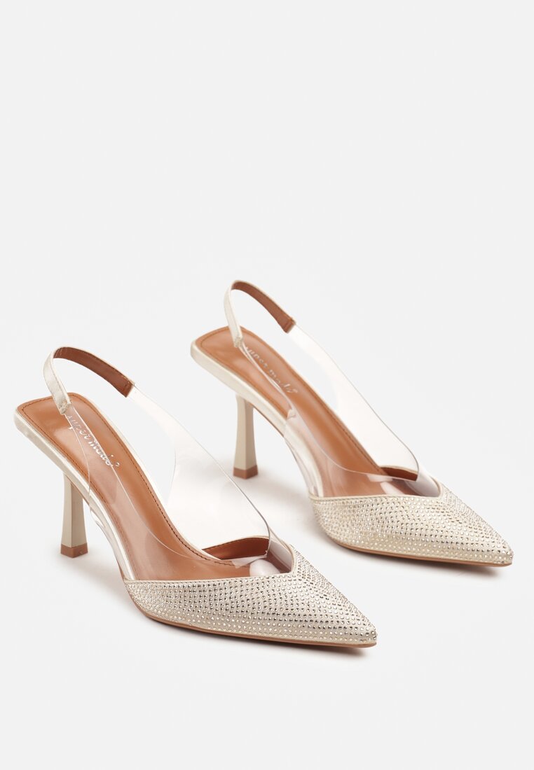 Złote Sandały Slingback na Obcasie z Przezroczystą Wstawką i Cyrkoniami Senoreth