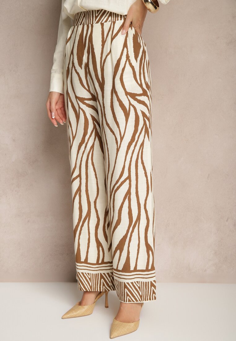 Brązowe Szerokie Spodnie z Wiskozy z Lnem High Waist w Zwierzęcy Wzór Fenariela