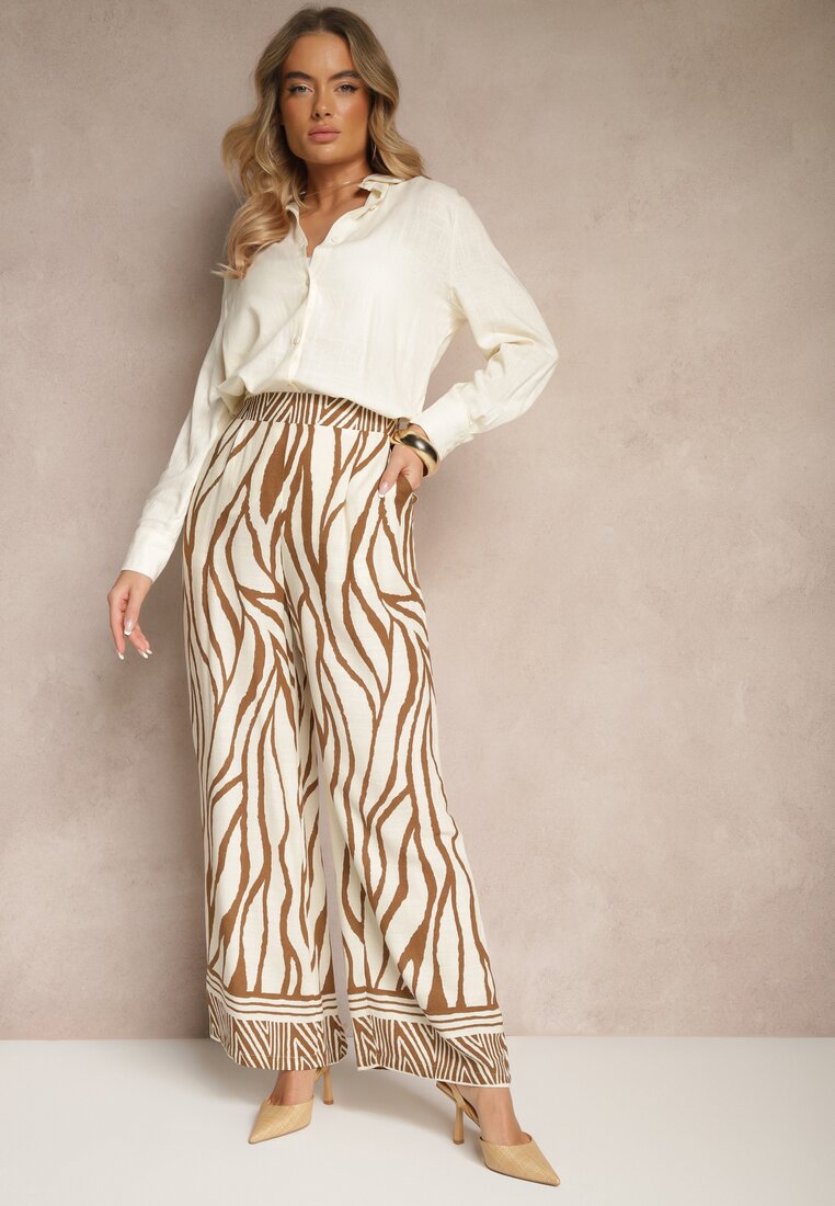 Brązowe Szerokie Spodnie z Wiskozy z Lnem High Waist w Zwierzęcy Wzór Fenariela