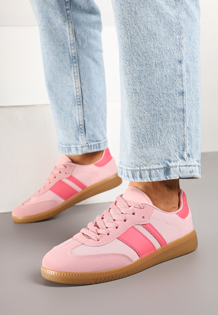 Różowe Sneakersy na Kauczukowej Podeszwie Ozdobione Paskami Emidi