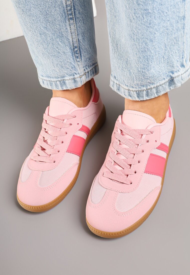 Różowe Sneakersy na Kauczukowej Podeszwie Ozdobione Paskami Emidi