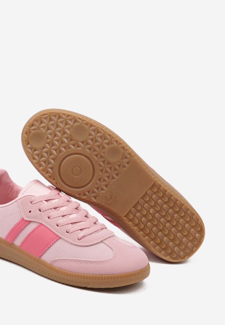 Różowe Sneakersy na Kauczukowej Podeszwie Ozdobione Paskami Emidi