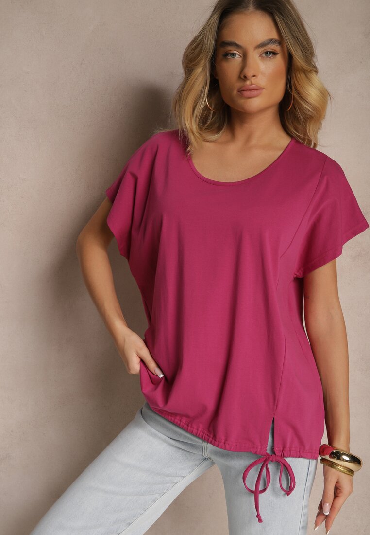 Fioletowy Bawełniany T-shirt w Stylu Oversize z Rękawami Nietoperz Alolia