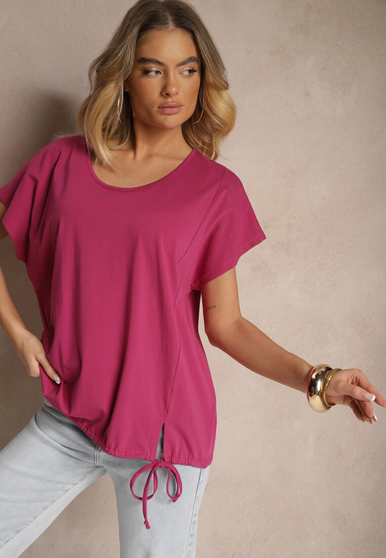 Fioletowy Bawełniany T-shirt w Stylu Oversize z Rękawami Nietoperz Alolia