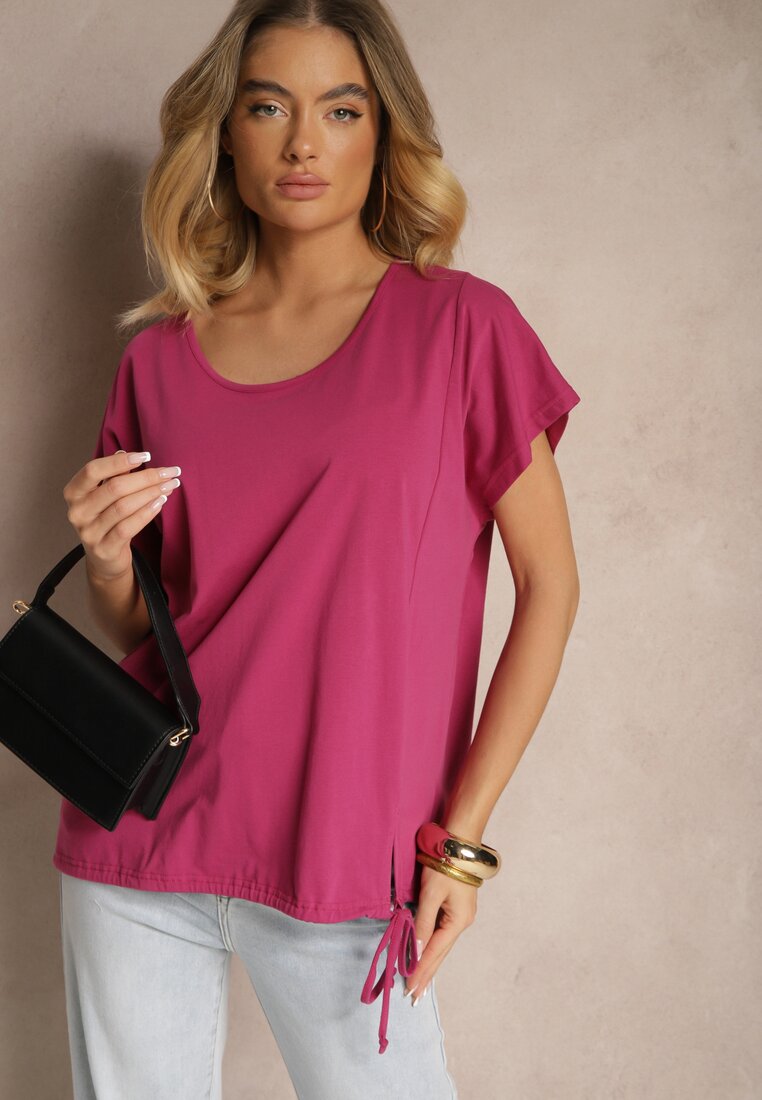 Fioletowy Bawełniany T-shirt w Stylu Oversize z Rękawami Nietoperz Alolia