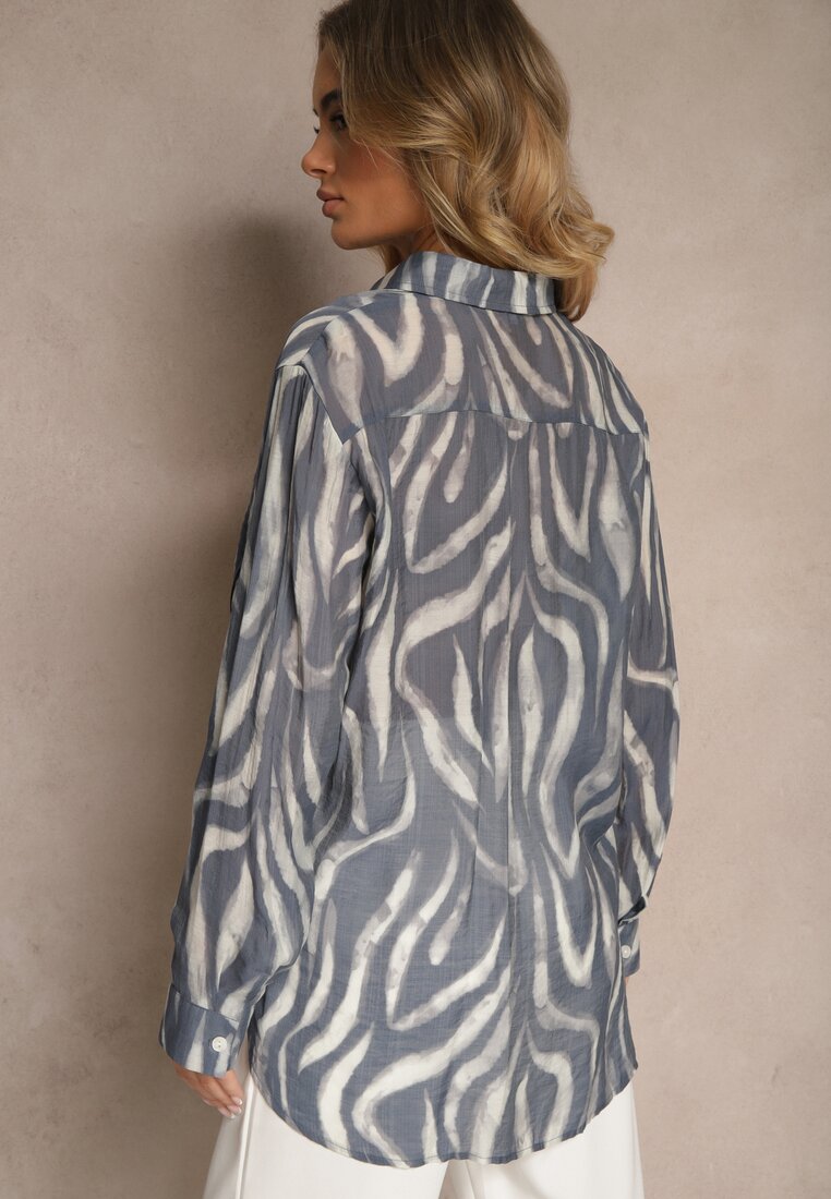 Niebieska Transparentna Koszula z Wiskozy o Klasycznym Kroju w Print Zebra Covianne