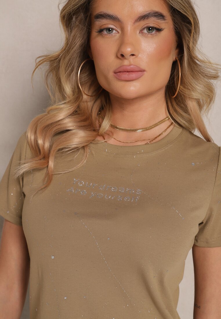 Ciemnozielony T-shirt z Bawełny z Brokatem i Cyrkoniami Ilirana