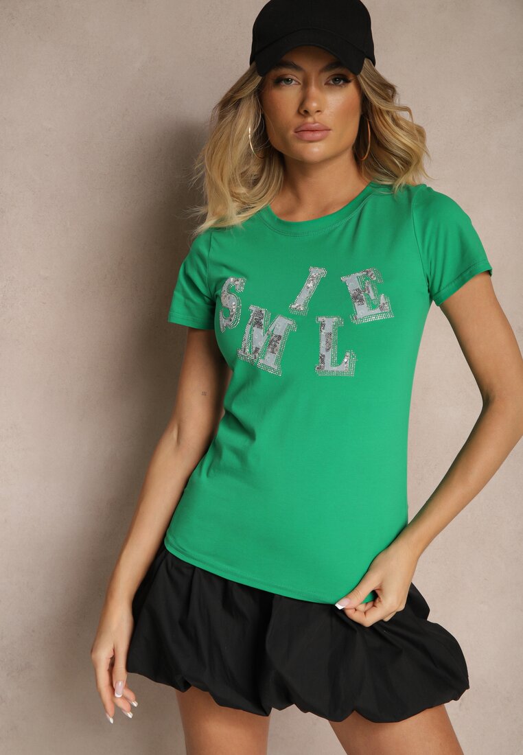 Ciemnozielony T-shirt z Bawełny z Napisem Smile Ozdobiony Cyrkoniami Olirella