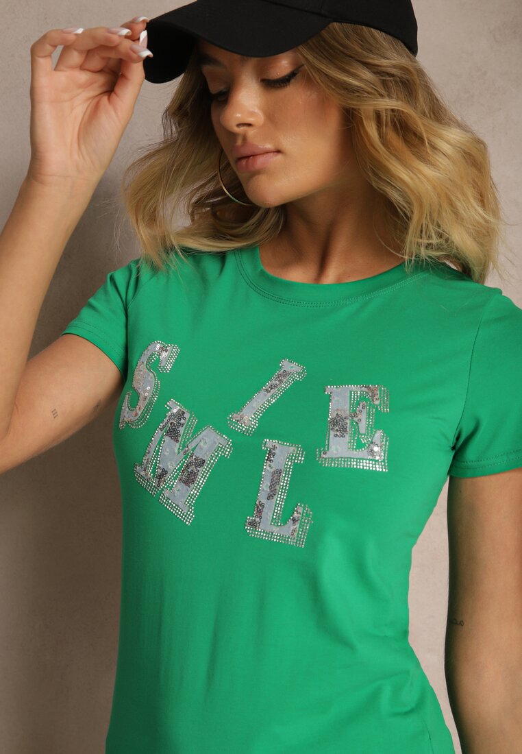 Ciemnozielony T-shirt z Bawełny z Napisem Smile Ozdobiony Cyrkoniami Olirella