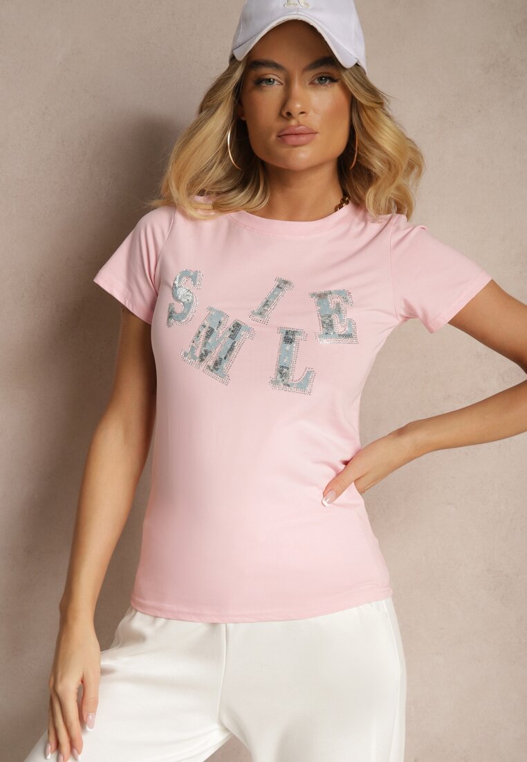 Jasnoróżowy T-shirt z Bawełny z Napisem Smile Ozdobiony Cyrkoniami Olirella