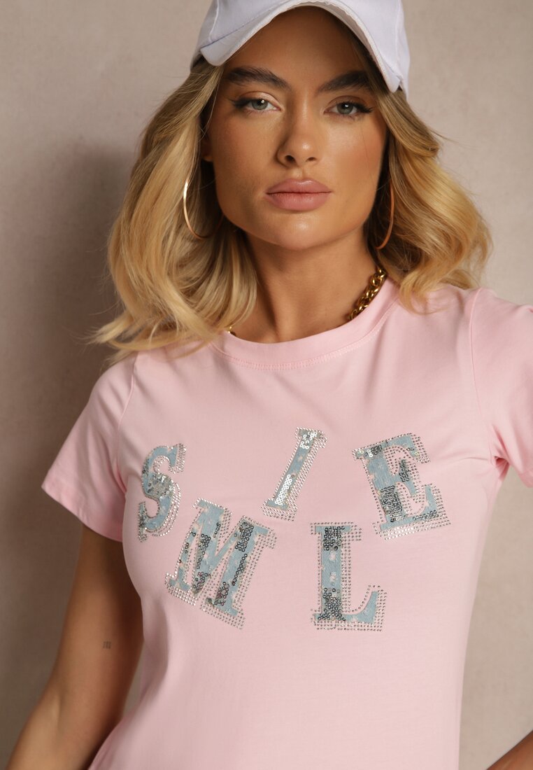 Jasnoróżowy T-shirt z Bawełny z Napisem Smile Ozdobiony Cyrkoniami Olirella