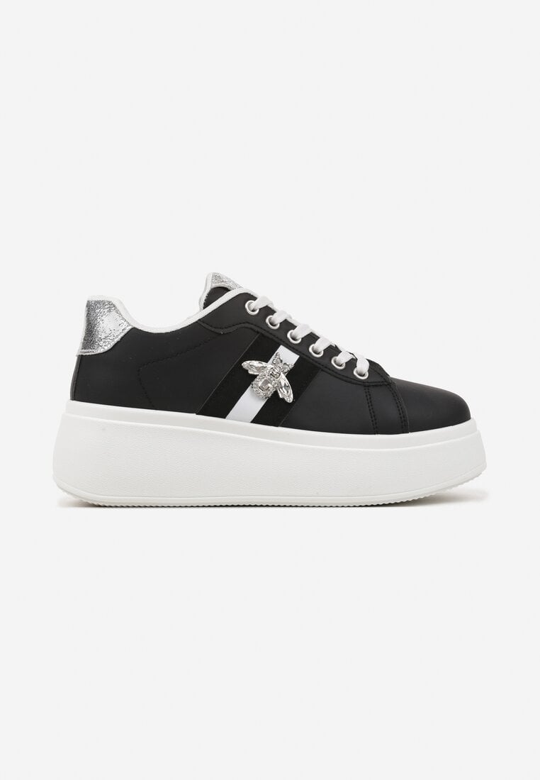 Czarne Sneakersy z Ozdobną Aplikacją Owada z Przeszyciami na Platformie Ommea