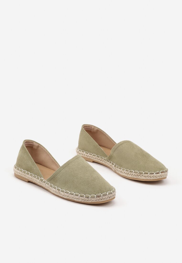 Zielone Espadryle  Ozdobione Wyciętą Cholewką i Plecionką Wommea