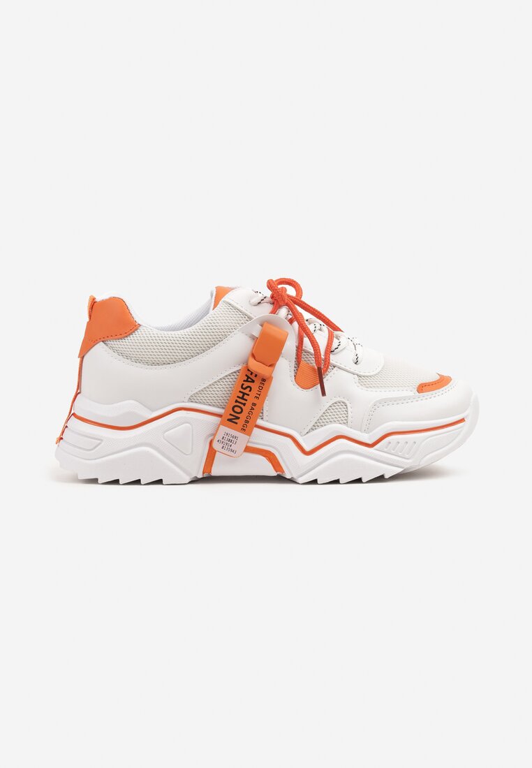 Biało-Pomarańczowe Sneakersy z Siateczkowymi Wstawkami i Paskami na Boku Taneril