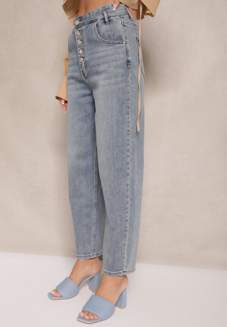 Niebieskie Jeansy High Waist z Bawełną o Kroju Mom Fit Efalina