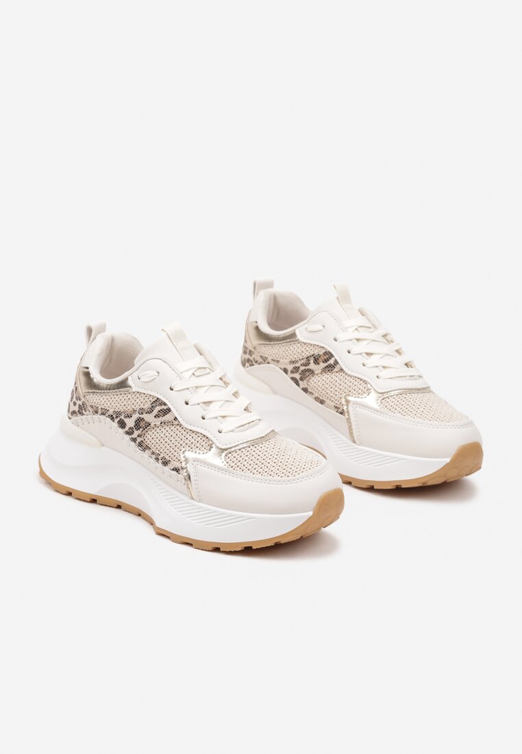 Beżowe Sneakersy na Platformie Ozdobione Metalicznym Zdobieniem i Wzorem w Panterkę Worsemi