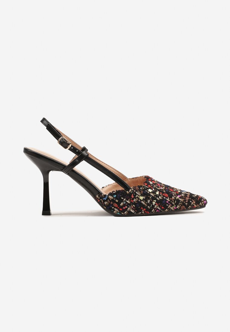 Czarne Tweedowe Szpilki Typu Slingback z Noskiem w Szpic Binea
