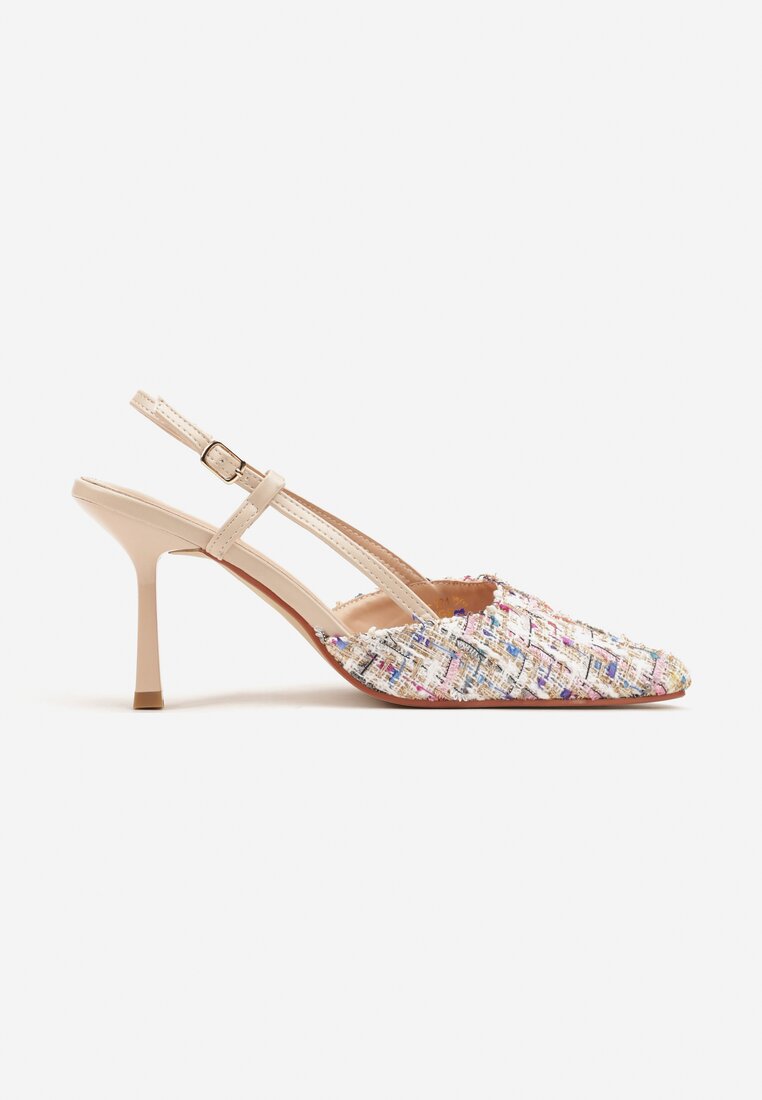 Beżowe Tweedowe Szpilki Typu Slingback z Noskiem w Szpic Binea