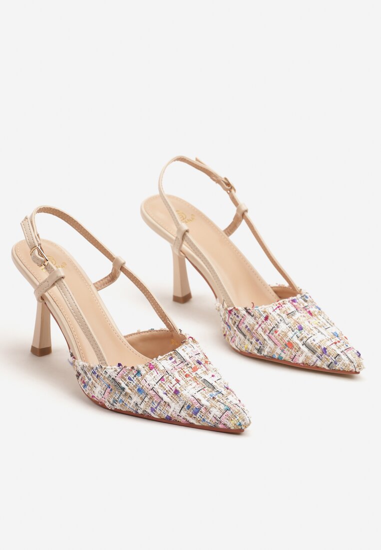 Beżowe Tweedowe Szpilki Typu Slingback z Noskiem w Szpic Binea