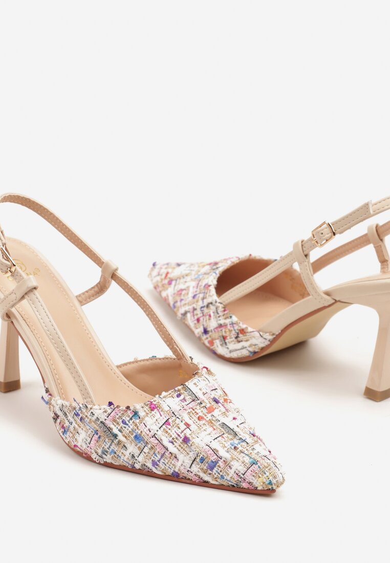 Beżowe Tweedowe Szpilki Typu Slingback z Noskiem w Szpic Binea