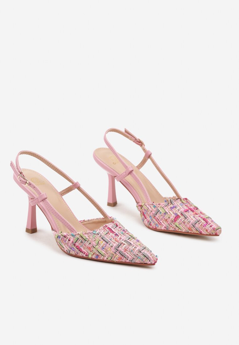 Różowe Tweedowe Szpilki Typu Slingback z Noskiem w Szpic Binea