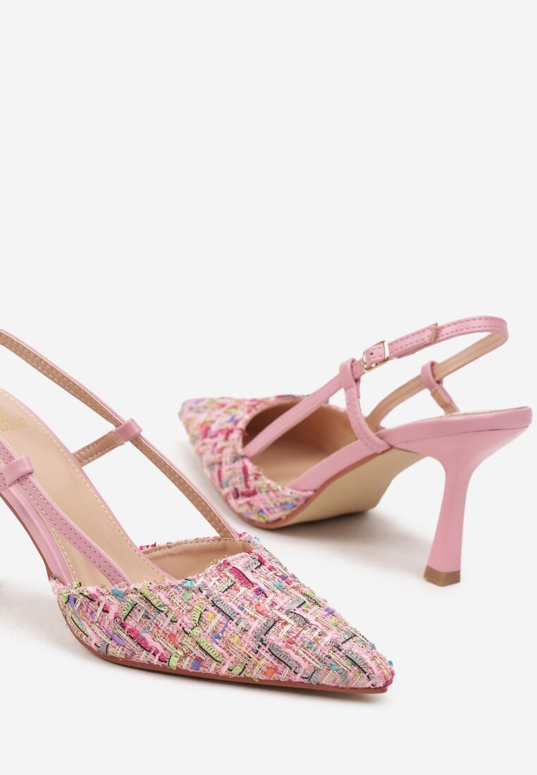 Różowe Tweedowe Szpilki Typu Slingback z Noskiem w Szpic Binea