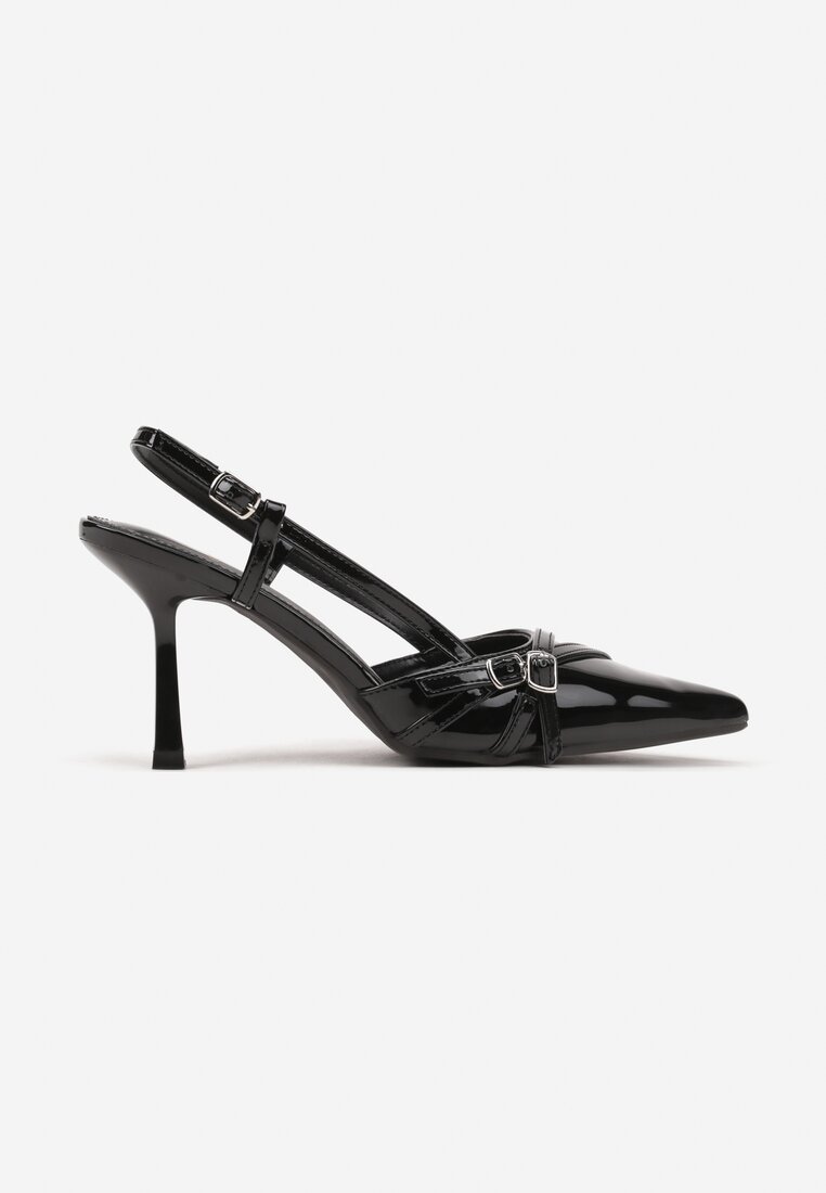 Czarne Sandały Lakierowane na Szpilce Slingback Ozdobione Klamrami Zohna
