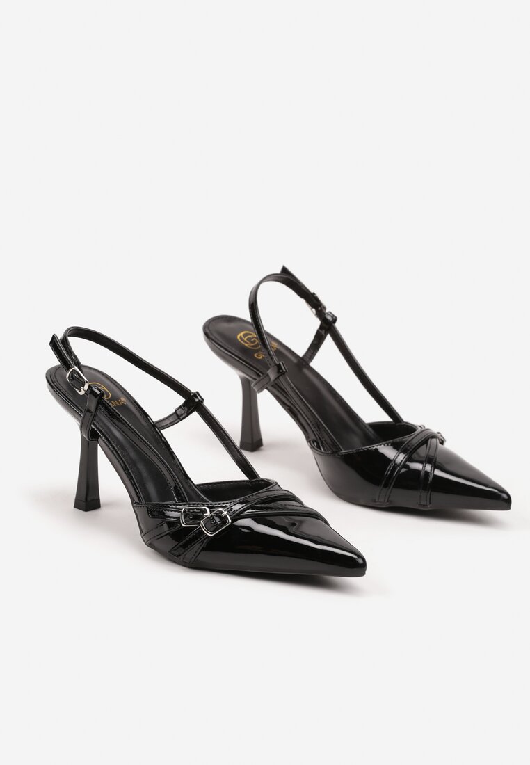 Czarne Sandały Lakierowane na Szpilce Slingback Ozdobione Klamrami Zohna