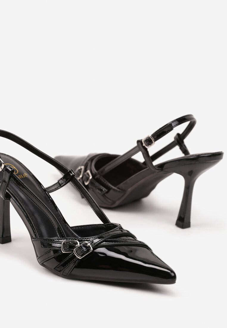 Czarne Sandały Lakierowane na Szpilce Slingback Ozdobione Klamrami Zohna