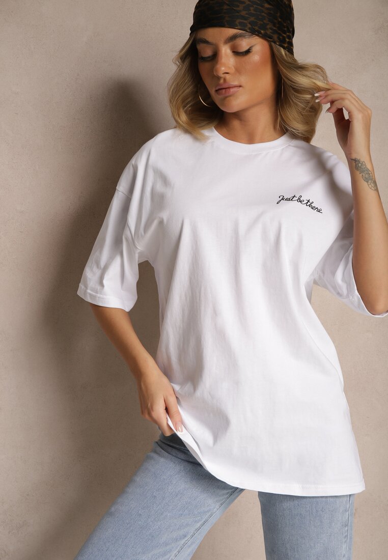 Biały T-shirt Koszulka z Bawełny Ozdobiona Nadrukiem i Napisem Just Be There Felena