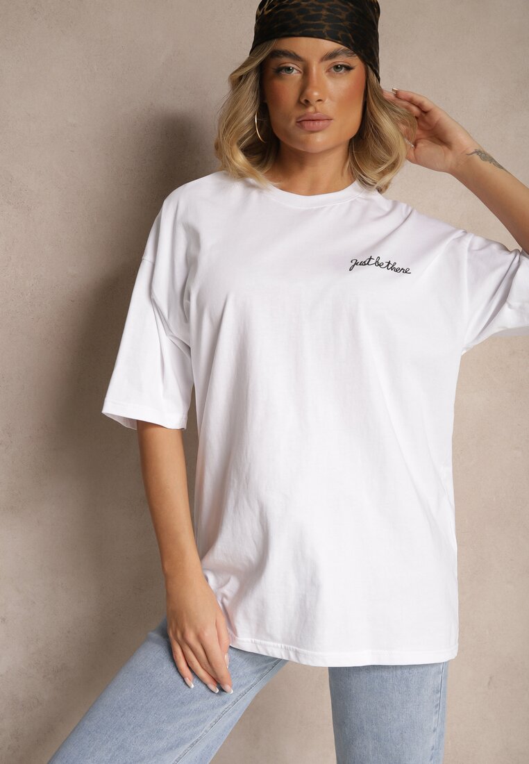 Biały T-shirt Koszulka z Bawełny Ozdobiona Nadrukiem i Napisem Just Be There Felena