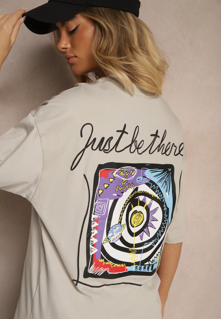 Beżowy T-shirt Koszulka z Bawełny Ozdobiona Nadrukiem i Napisem Just Be There Felena