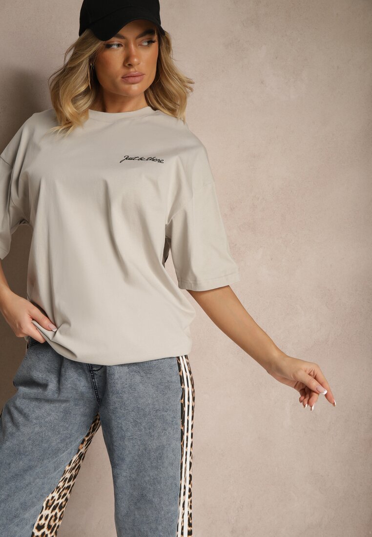 Beżowy T-shirt Koszulka z Bawełny Ozdobiona Nadrukiem i Napisem Just Be There Felena