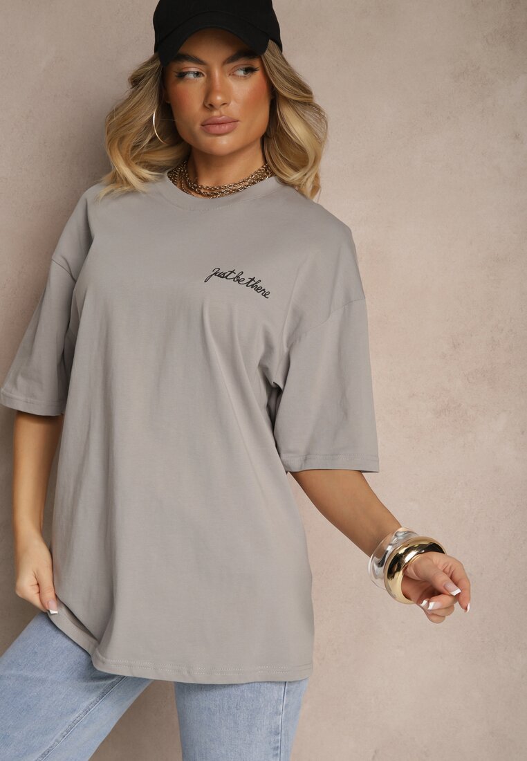 Szary T-shirt Koszulka z Bawełny Ozdobiona Nadrukiem i Napisem Just Be There Felena