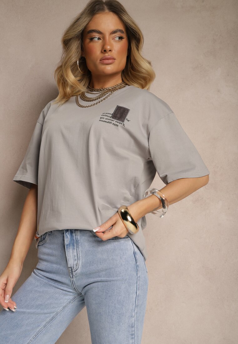 Szara T-shirt Koszulka  Bawełniana z Nadrukiem Berriana