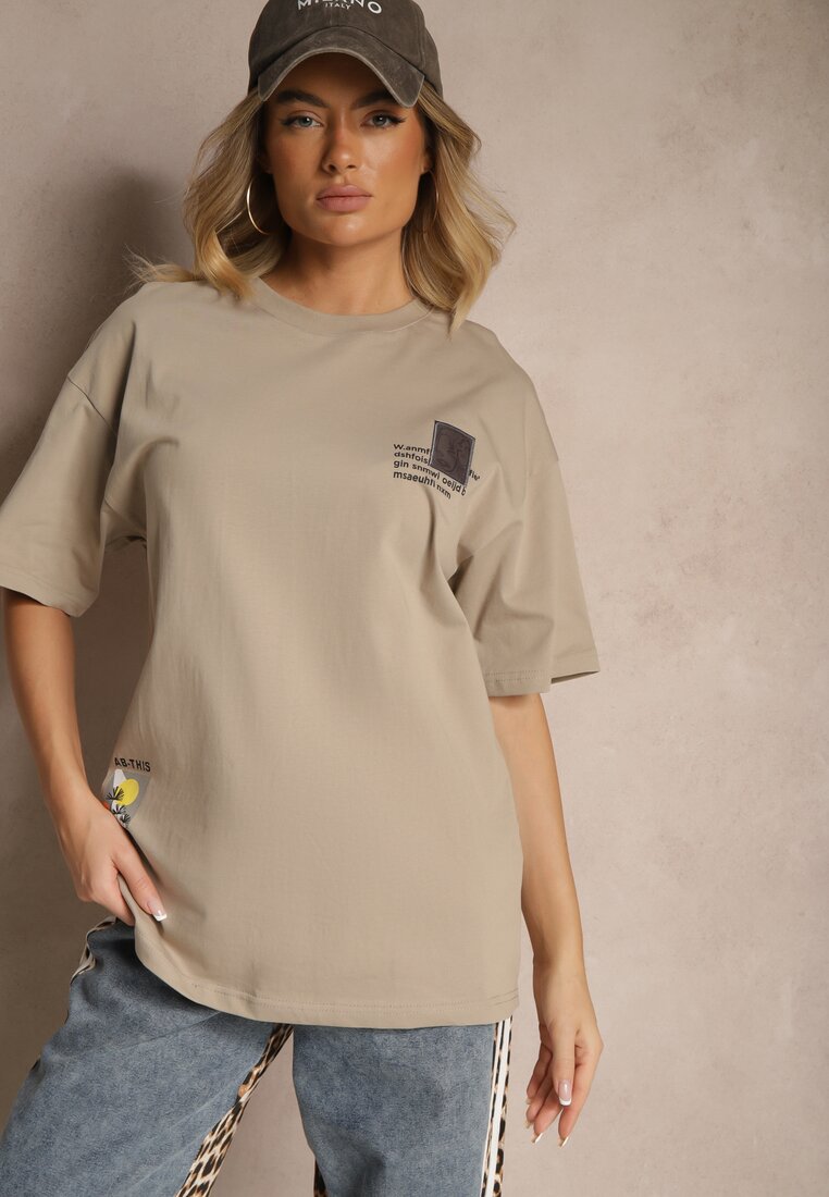 Beżowa T-shirt Koszulka   Bawełniana z Nadrukiem Berriana